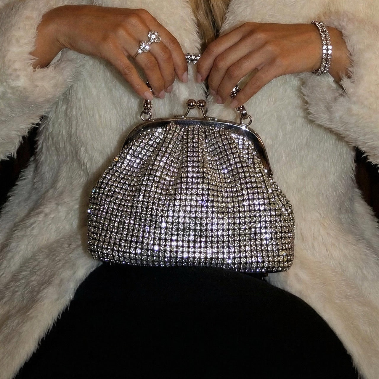 Silver beaded handbag held by hands against a fur background