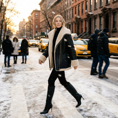 Woman walking on a snowy street in an urban setting with people and taxis in the background.