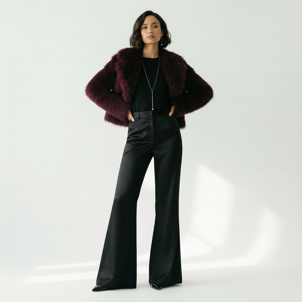 Woman wearing a dark burgundy fur coat with black wide leg pants against a white background