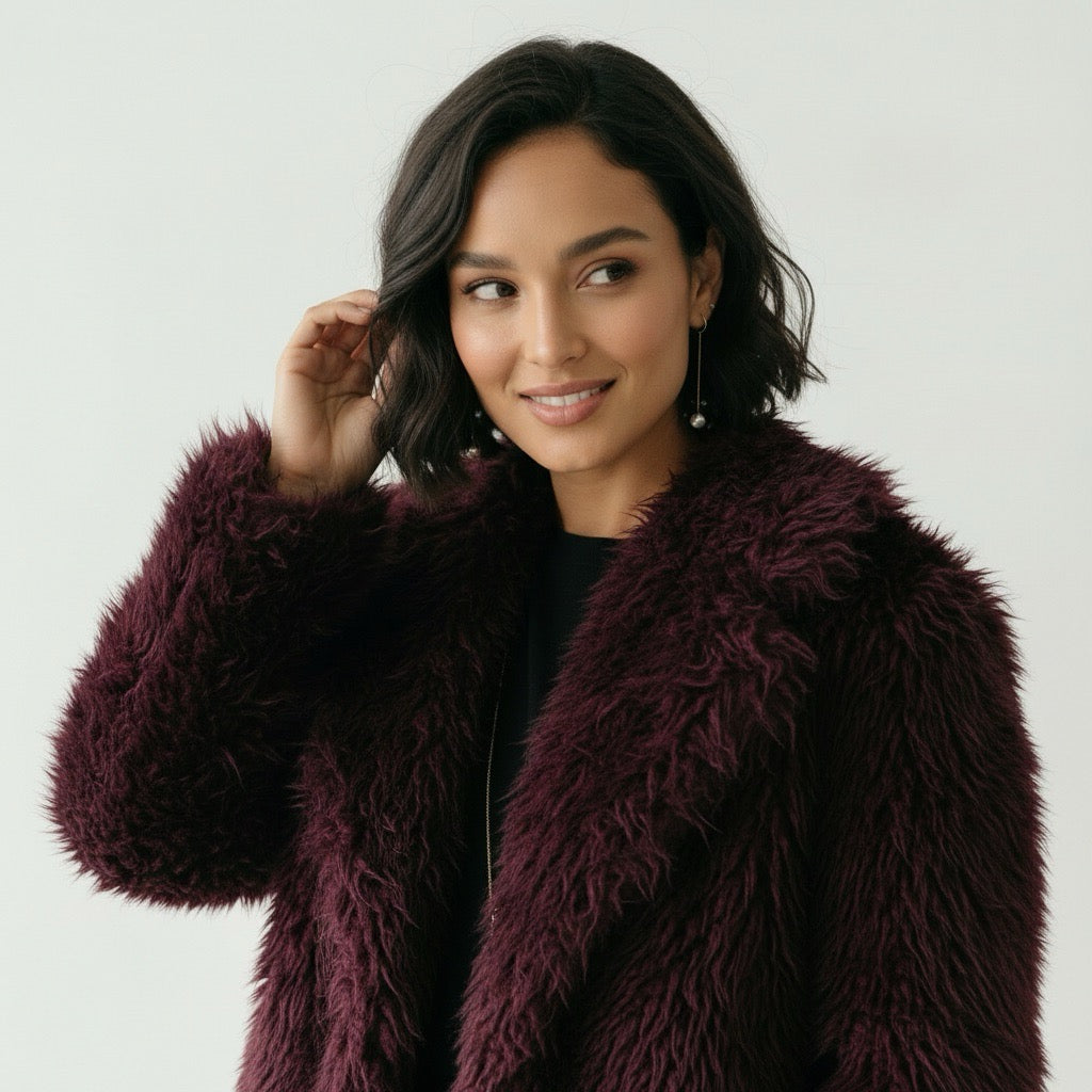 Olena's Faux Fur Coat in Burgundy