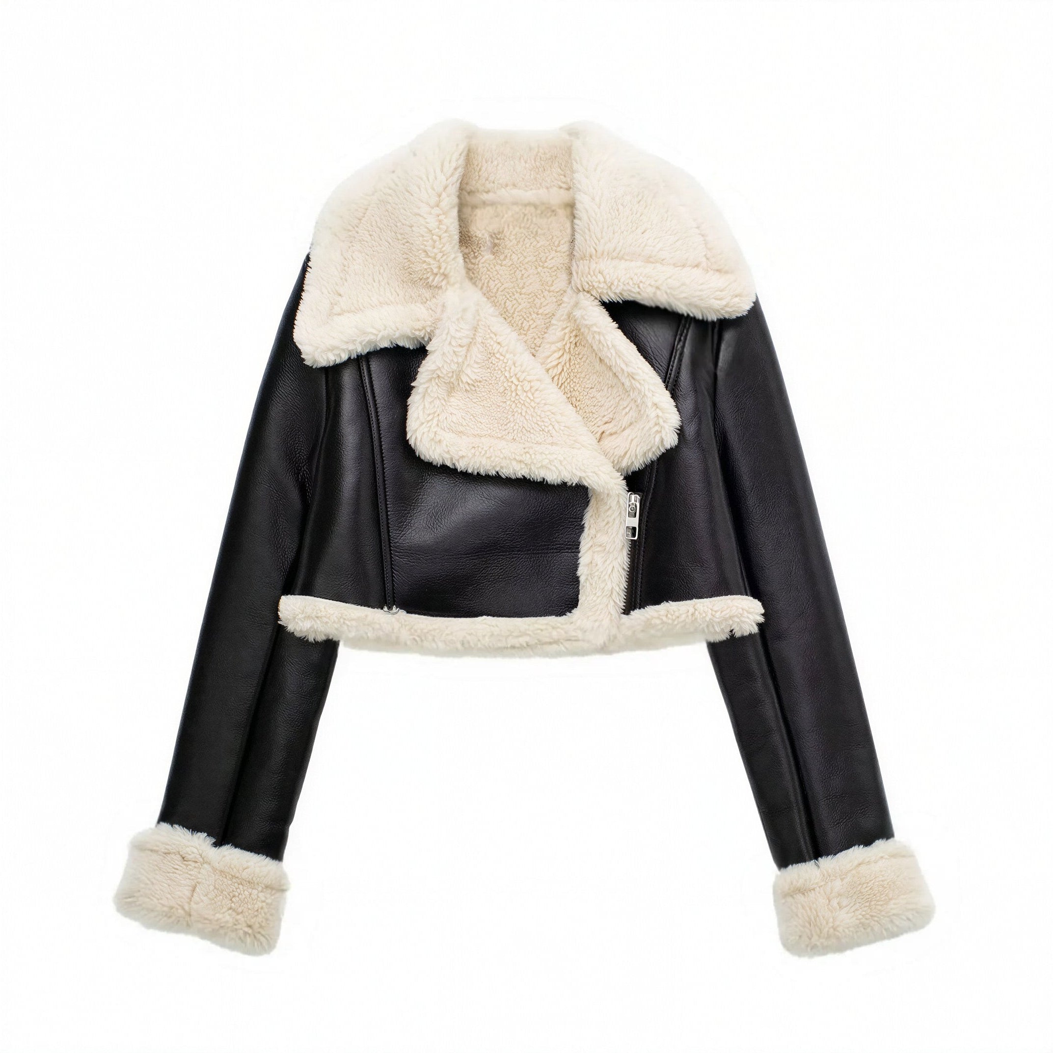 Black leather jacket with white fur trim on a white background
